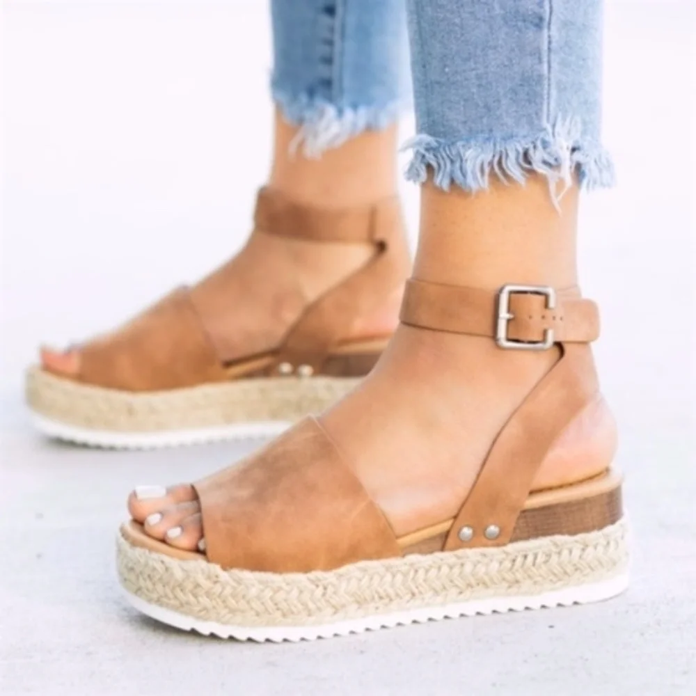 Boho Tan Vegan leather peep toe buckle espadrille wedge